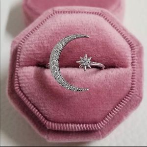 Adjustable Silver Moon Star Diamond Ring